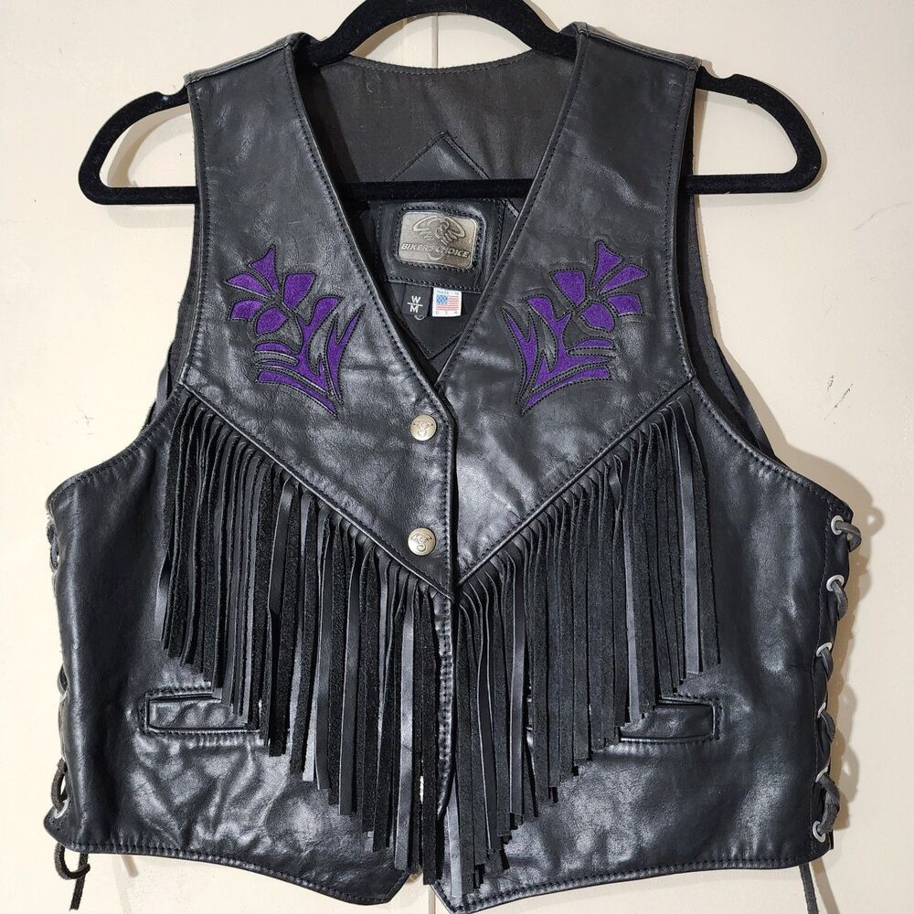 Vintage Kerr Leather Biker's Choice Vest Sz M Black Purple Suede Flower Tassels